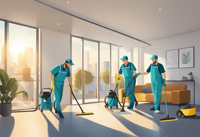 A team of cleaners meticulously scrub and sanitize a spacious, sunlit apartment in Melbourne, leaving it spotless and ready for new tenants