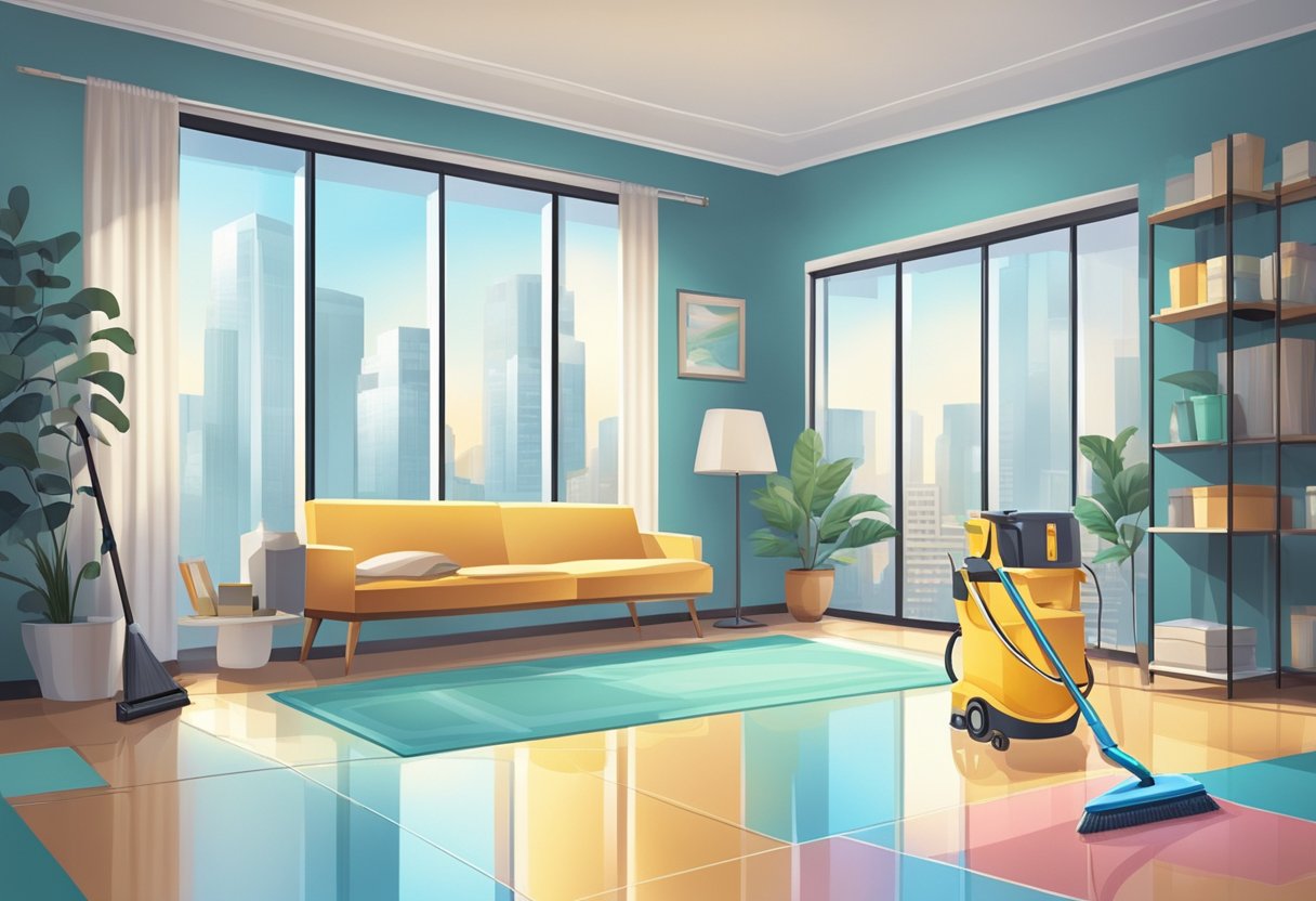 A pristine, empty apartment with sparkling floors, spotless surfaces, and gleaming windows. A professional cleaning team's equipment is neatly organized in the corner