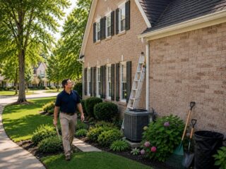 Homeowner performing seasonal maintenance checks outside a suburban Alpharetta home with visible gutters, roof shingles, landscaping, and an outdoor HVAC unit on a bright day.