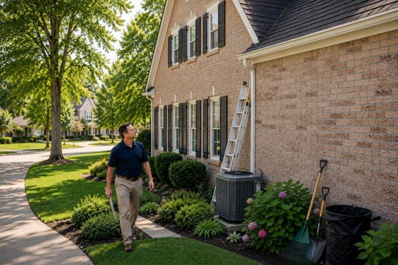 Homeowner performing seasonal maintenance checks outside a suburban Alpharetta home with visible gutters, roof shingles, landscaping, and an outdoor HVAC unit on a bright day.